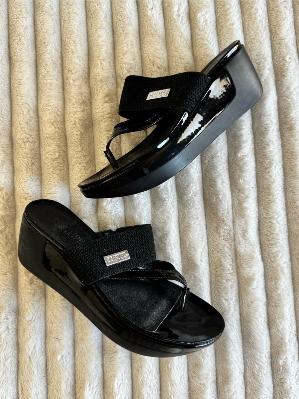 Kenneth Cole Black Patent Wedge Sandals with Elastic Strap